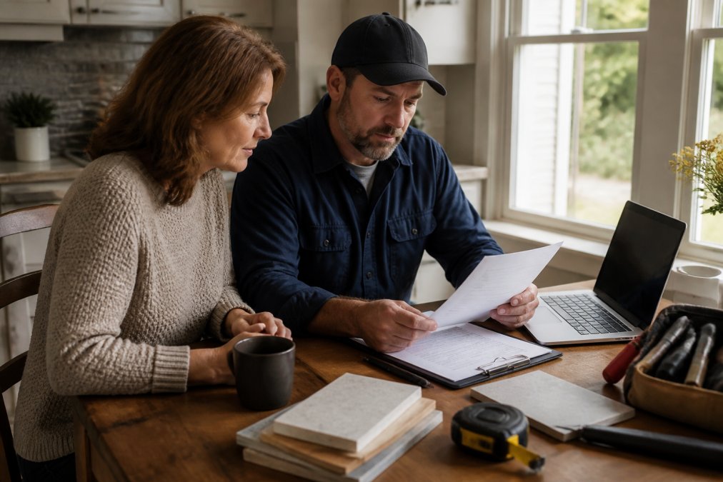 A homeowner and a contractor reviewing insurance documents at a kitchen table, with a laptop showing a state licensing website open nearby, warm afternoon light through the window