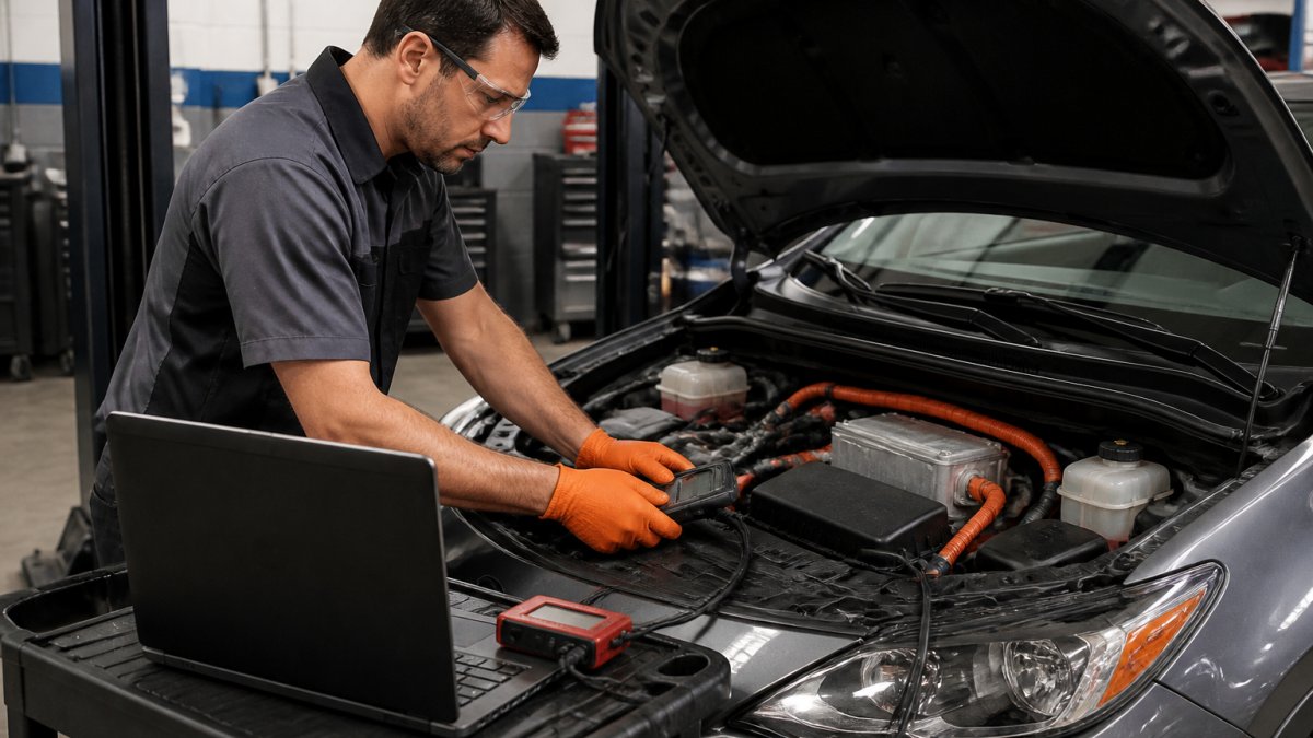 Technician using a diagnostic tablet for a hybrid car service check on a high-voltage battery system.