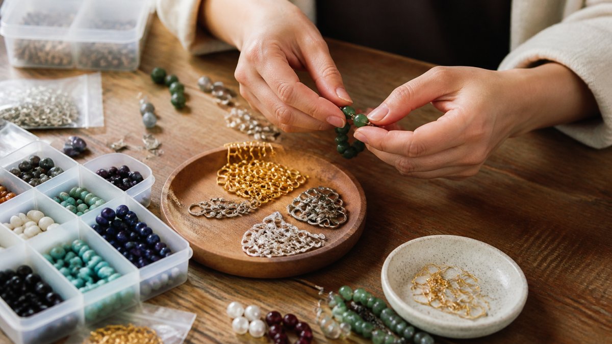 Close-up of hands examining and sorting various beads, chains, and metal findings on a natural wood work surface with soft natural lighting, showing detailed quality inspection