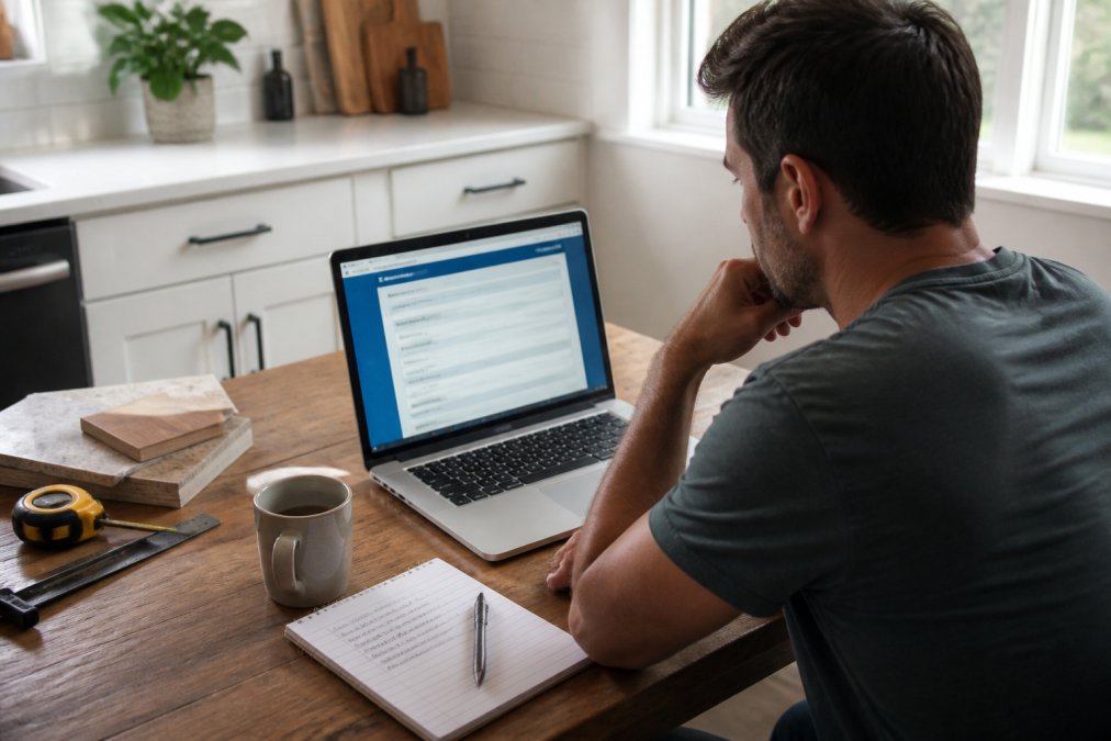 Homeowner checking kitchen renovation contractors on a laptop using the official VBA licensing website.