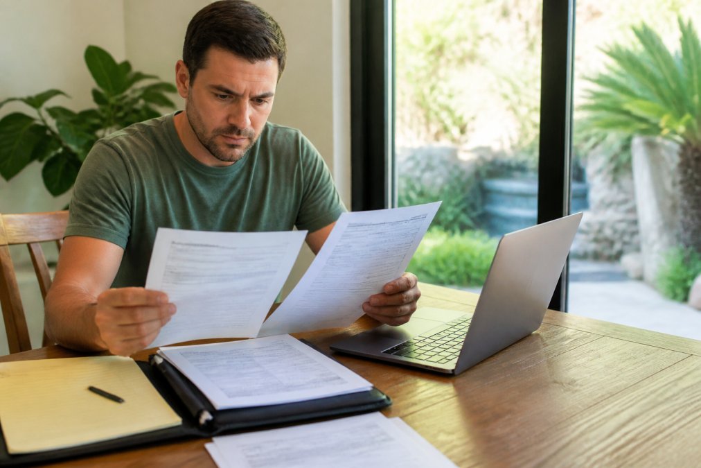 Homeowner sitting at wooden table reviewing contractor license and insurance documents alongside a laptop and folder of paperwork in natural afternoon lighting