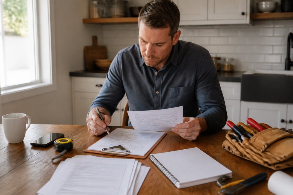 A homeowner sitting at a kitchen table reviewing contractor license and insurance documents with a clipboard and pen, natural window light