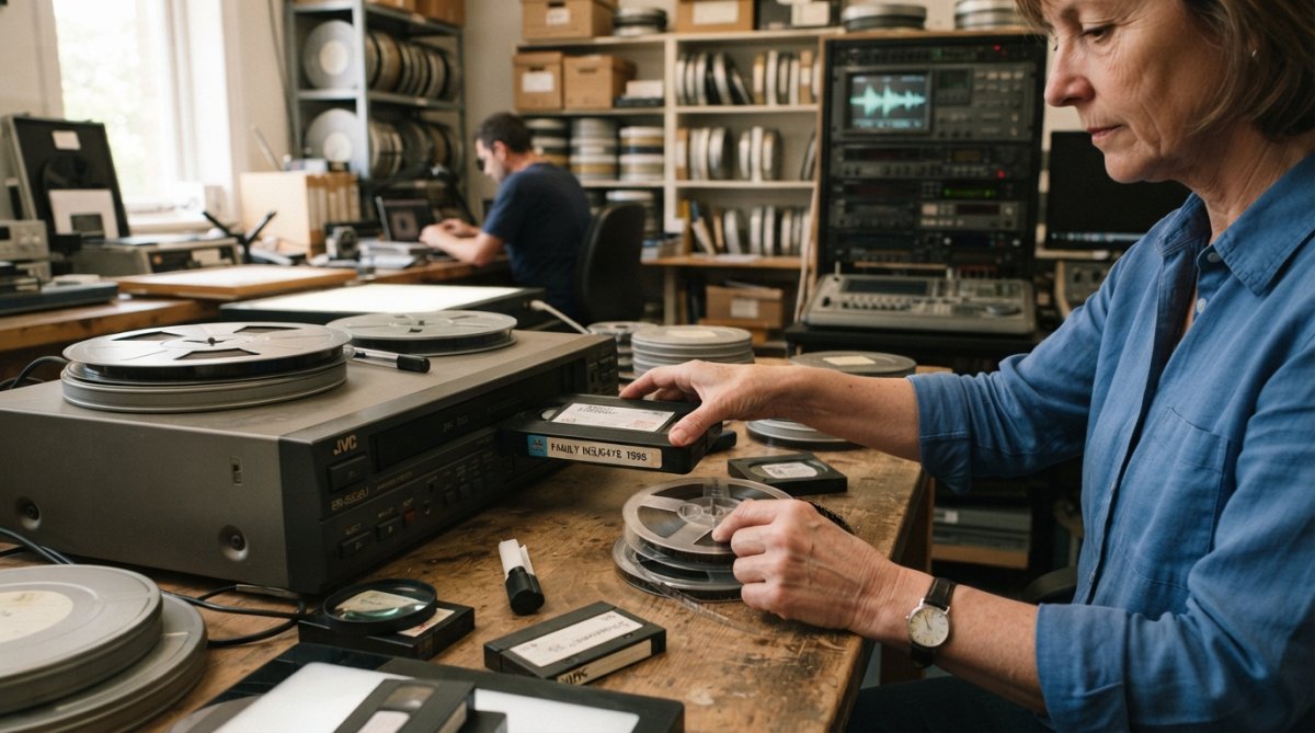 Professional hands carefully handling a VHS tape and film reel with archival materials visible in background, showing meticulous care and attention to preservation