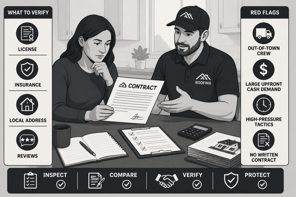 Homeowner carefully reviewing roofing contract documents at kitchen table while speaking with a professional contractor in work uniform, demonstrating transparent communication and careful vetting