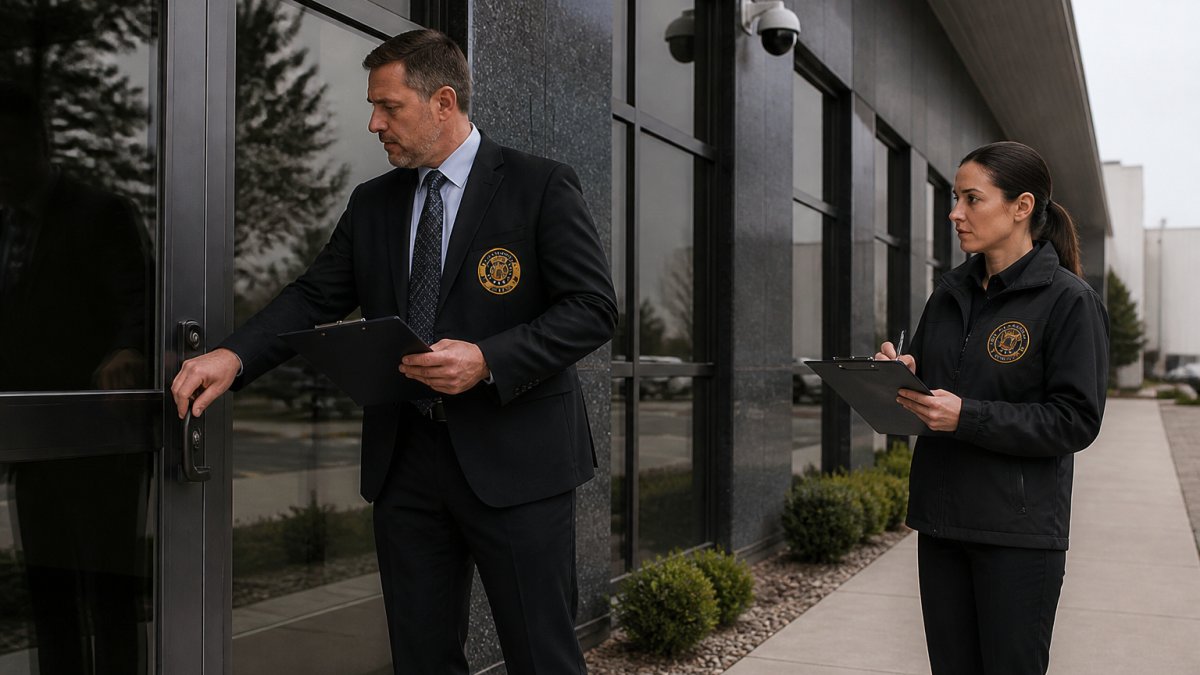 A security consultant in business attire walking a commercial property perimeter with a clipboard, checking entry points and camera positions while a property manager takes notes nearby