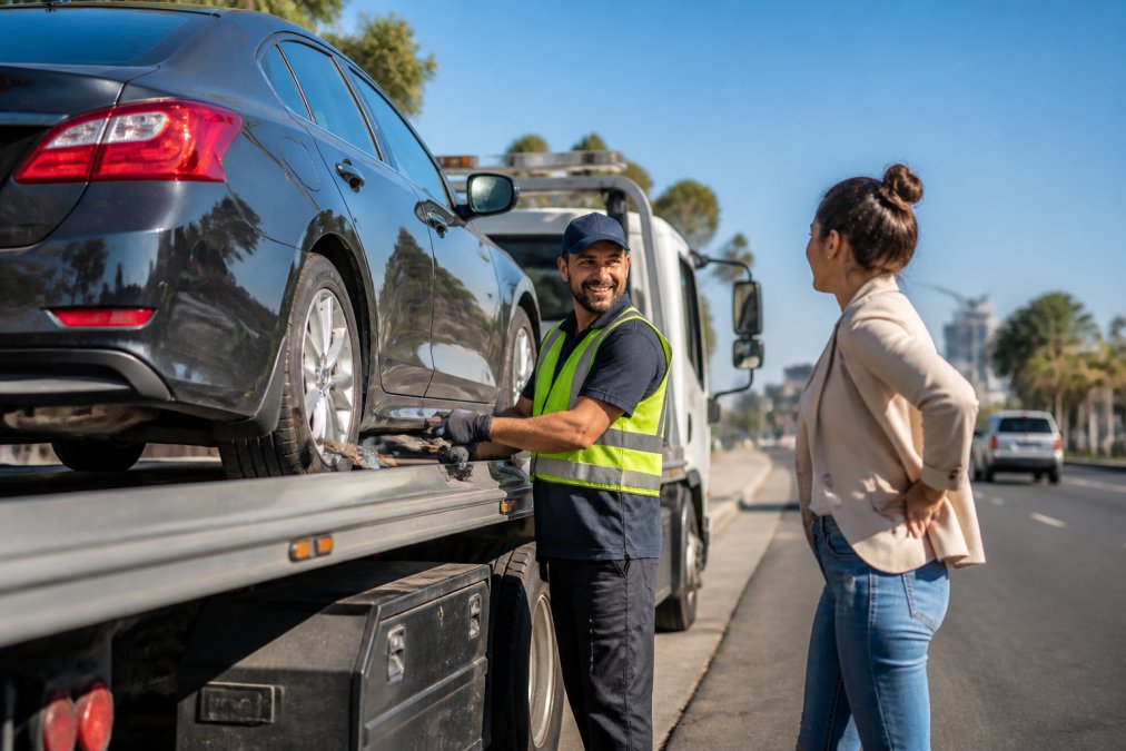 A professional tow truck driver in a uniform securing a modern sedan onto a flatbed truck on a sunny highway shoulder, speaking with a relieved vehicle owner standing nearby
