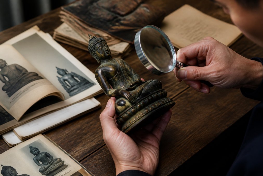 Schritt-für-Schritt-Anleitung für antike buddhistische Kunsthändler zur Überprüfung der Herkunft einer bronzenen Buddha-Statue