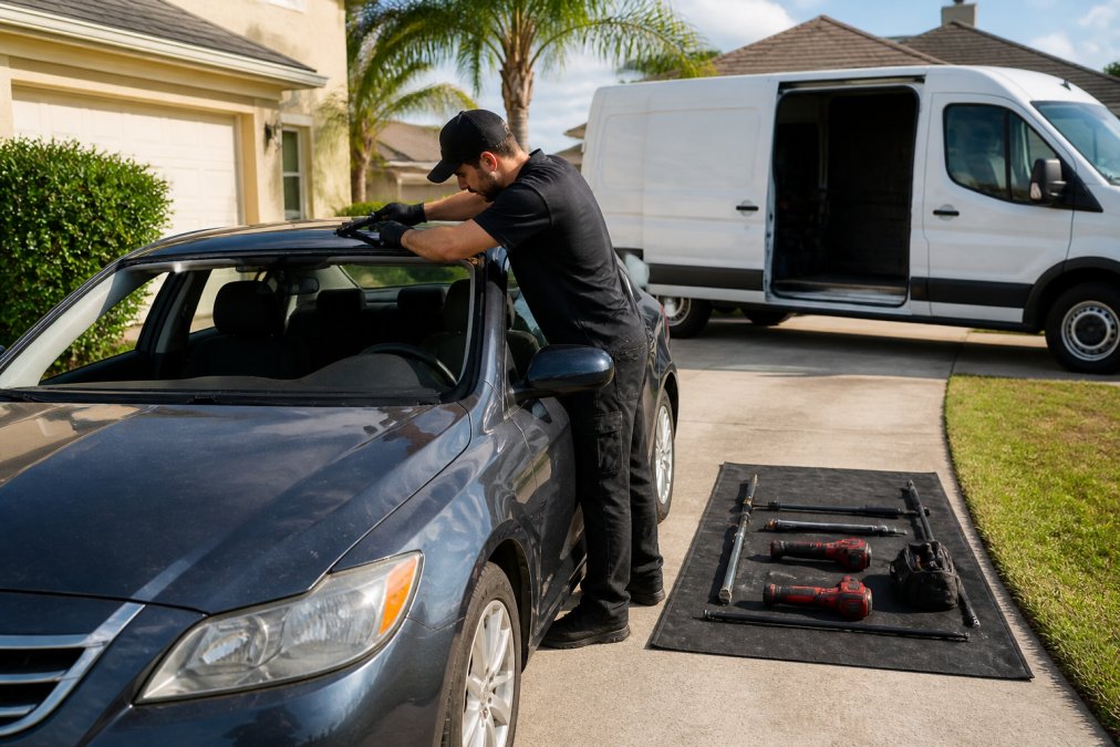 A technician in uniform installing a new windshield on a sedan in a residential driveway, with a branded mobile service van parked nearby and tools laid out on a protective mat