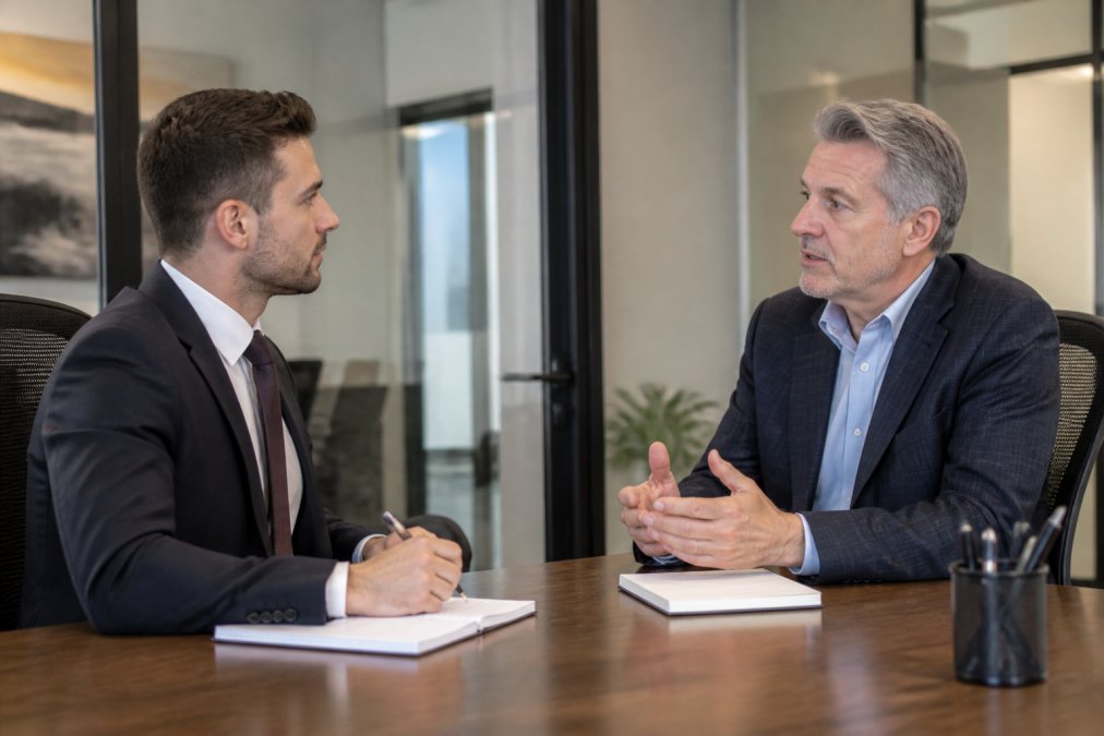 Financial advisor and manager discussing firm culture match in a modern office meeting with notepads.