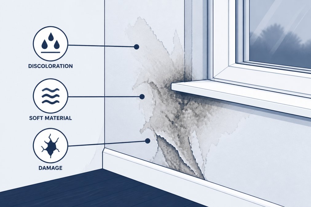 Close-up of water-stained drywall near a window with visible discoloration and soft, damaged material showing early moisture damage