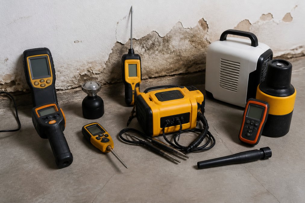 Homeowner holding a moisture meter against a basement wall while also checking humidity with a hygrometer, actively measuring and recording moisture levels during mold investigation