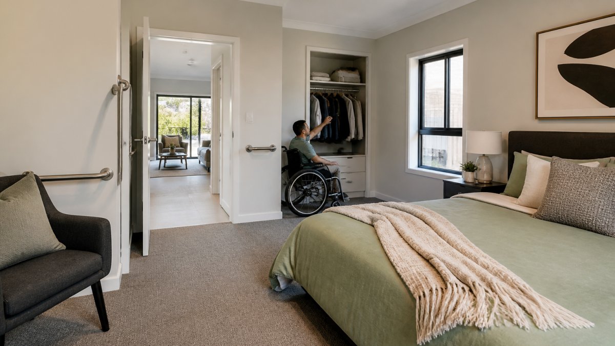Bright, accessible bedroom in a modern home with grab rails, wide doorways, and adaptive furniture showing comfort and independence