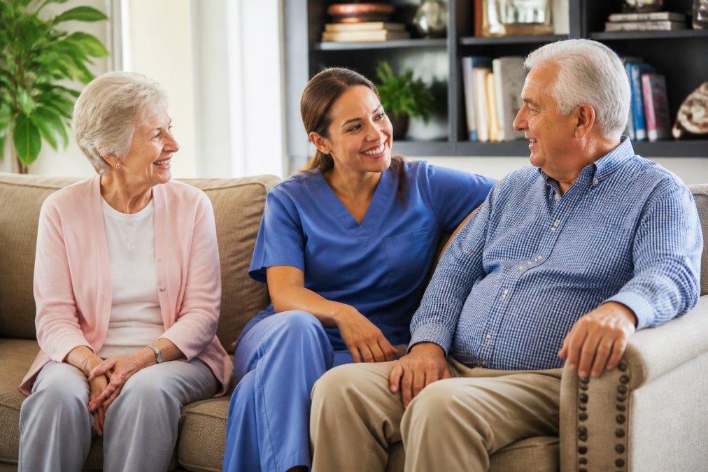 A caregiver chats with residents in a cozy assisted living room while finding senior care in Fulshear.
