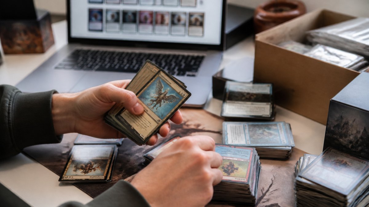 A close-up shot of a person's hands sorting through a stack of trading cards on a desk, with a laptop open to a card database in the background