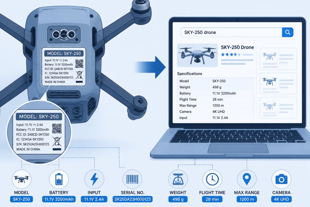 Close-up of a drone's underside showing a manufacturer label with model number, next to a laptop displaying a search results page