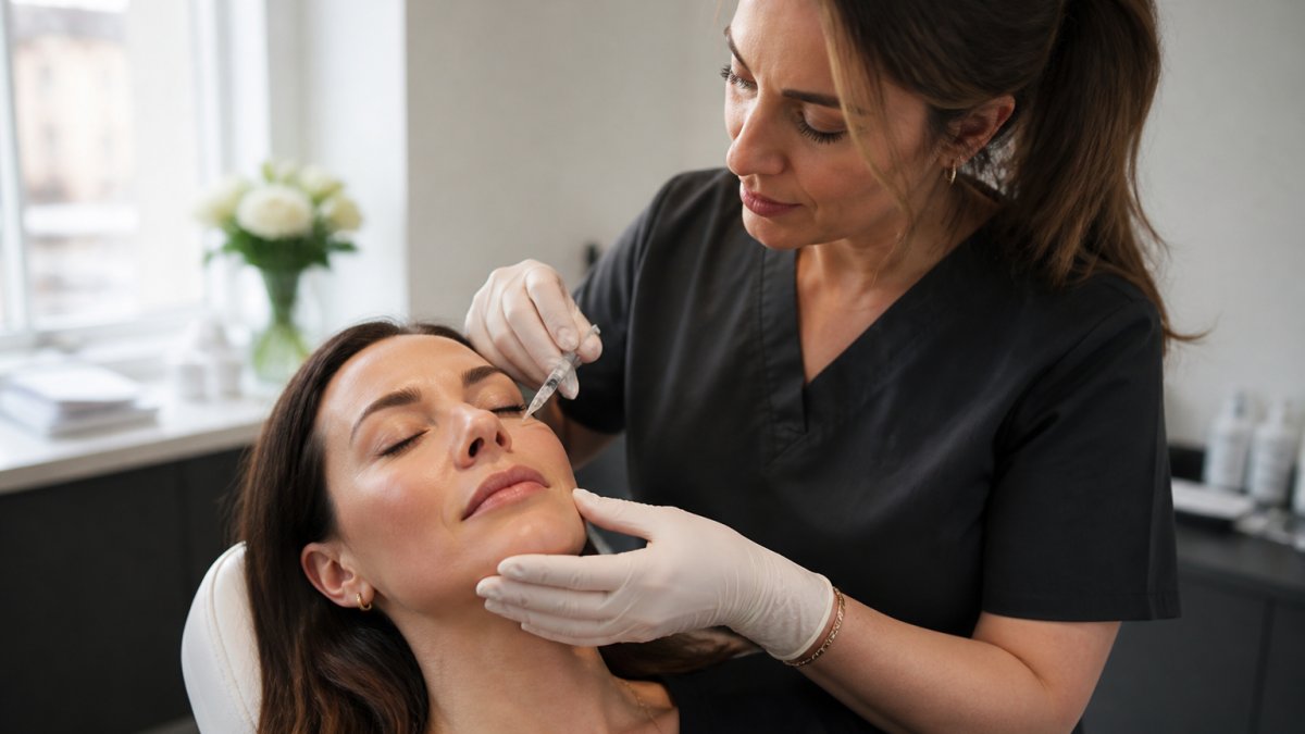 Professional demonstrating subtle anti-aging treatment technique on woman's face in modern clinical setting with soft natural lighting and calm aesthetic environment