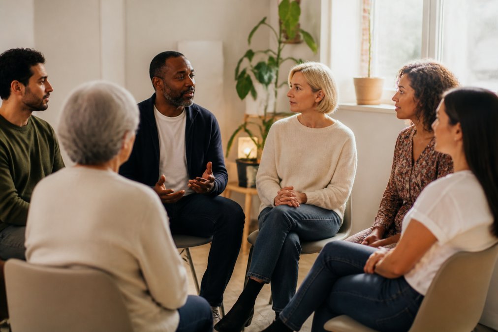 A diverse group of people sitting in a circle during a support group meeting, having genuine conversations with empathetic body language and engaged expressions in a warm, naturally lit community room