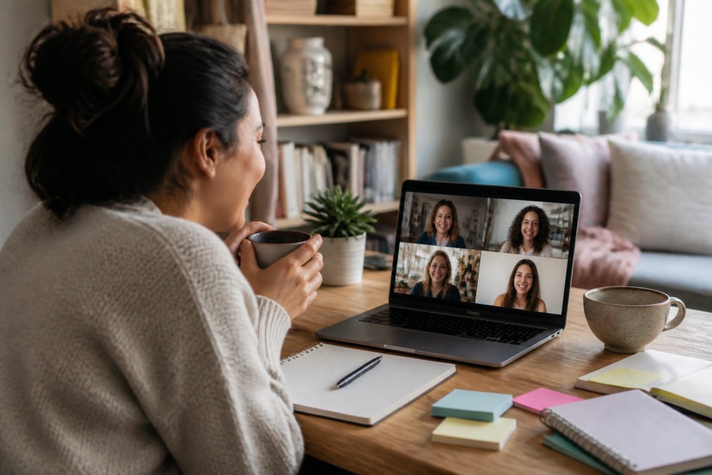 A person video calling with friends on a laptop, surrounded by notes and coffee, showing genuine connection and shared experiences during a life transition moment in a home setting with warm lighting