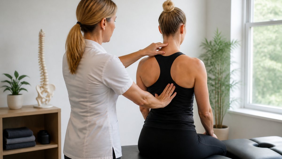 Chiropractor performing posture assessment and spinal evaluation with patient in modern clinical treatment room with natural lighting