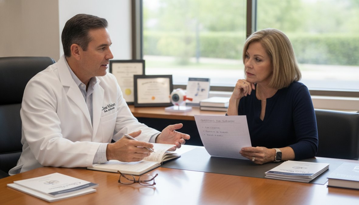 Patient consulting with ophthalmologist in clinical setting, doctor explaining eye surgery procedure on digital screen while patient listens attentively