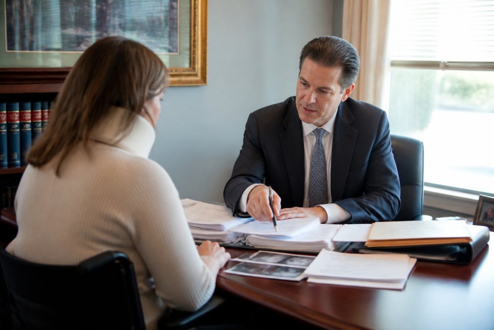 Professional attorney in business attire meeting with client across desk in modern law office, reviewing medical documents and case files with natural window lighting
