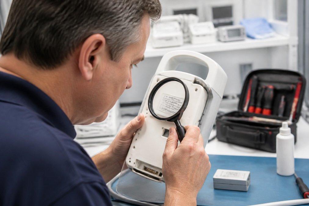 A technician examining a faded battery label on a medical device using a magnifying glass in a well-lit clinical workspace, showing the challenge of reading worn specifications