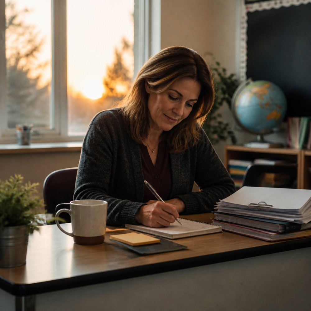 A teacher sitting at a classroom desk in the late afternoon, soft golden light through the window, writing in a small journal beside a mug of tea, relaxed shoulders, papers neatly stacked to the side