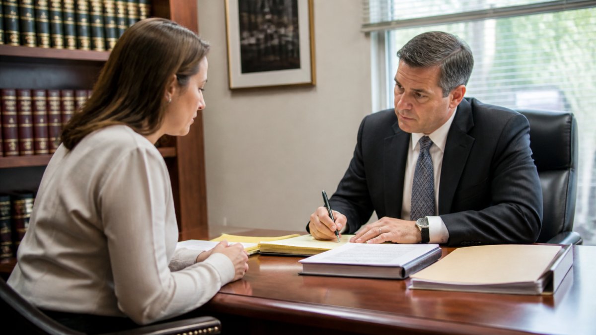 Professional attorney and client sitting across desk in law office reviewing case documents and notes together, natural lighting from window