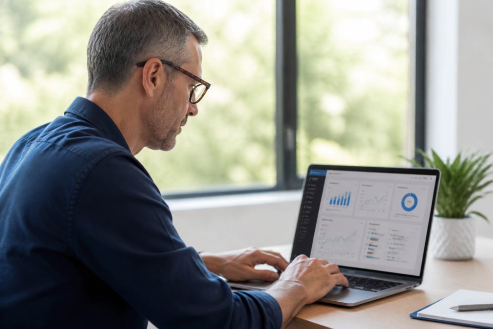 A fractional CMO reviewing marketing technology dashboards and analytics on a laptop screen, showing data-driven decision-making and technical competency in a modern workspace