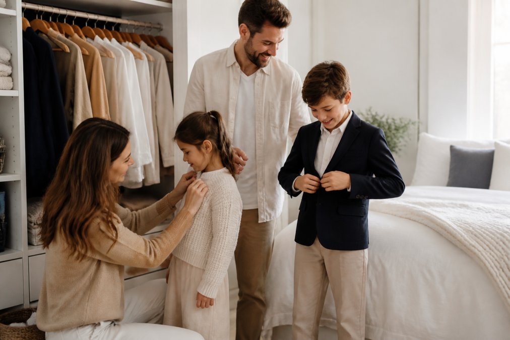 A well-organized closet with neutral-toned clothing, tailored trousers, classic button-downs, and structured blazers arranged on wooden hangers, warm natural light