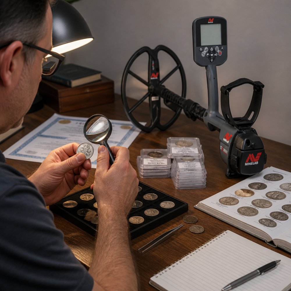 Professional numismatist examining rare coin with magnifying glass under bright desk lamp, with authentication documents and grading reference materials visible on workspace