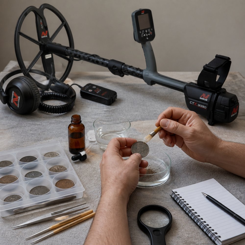 Hands carefully cleaning old coin with soft brush and distilled water in controlled workspace, specialized conservation materials and documentation visible nearby