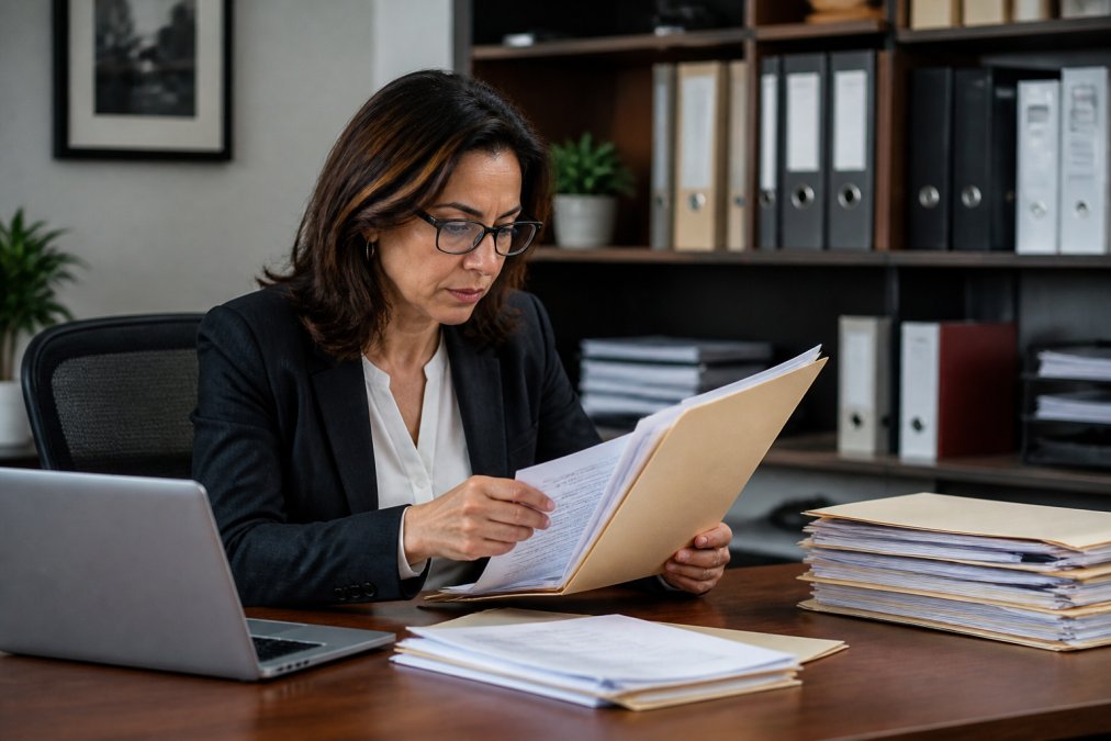 Professional counselor reviewing client documentation and treatment records at desk with computer and filing system in modern office setting