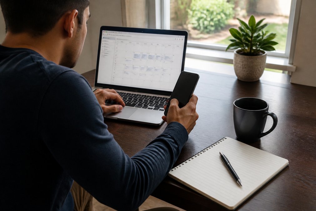Person sitting at desk with laptop and phone, reviewing calendar application and scheduling options for weekend counseling appointments with notepad and pen