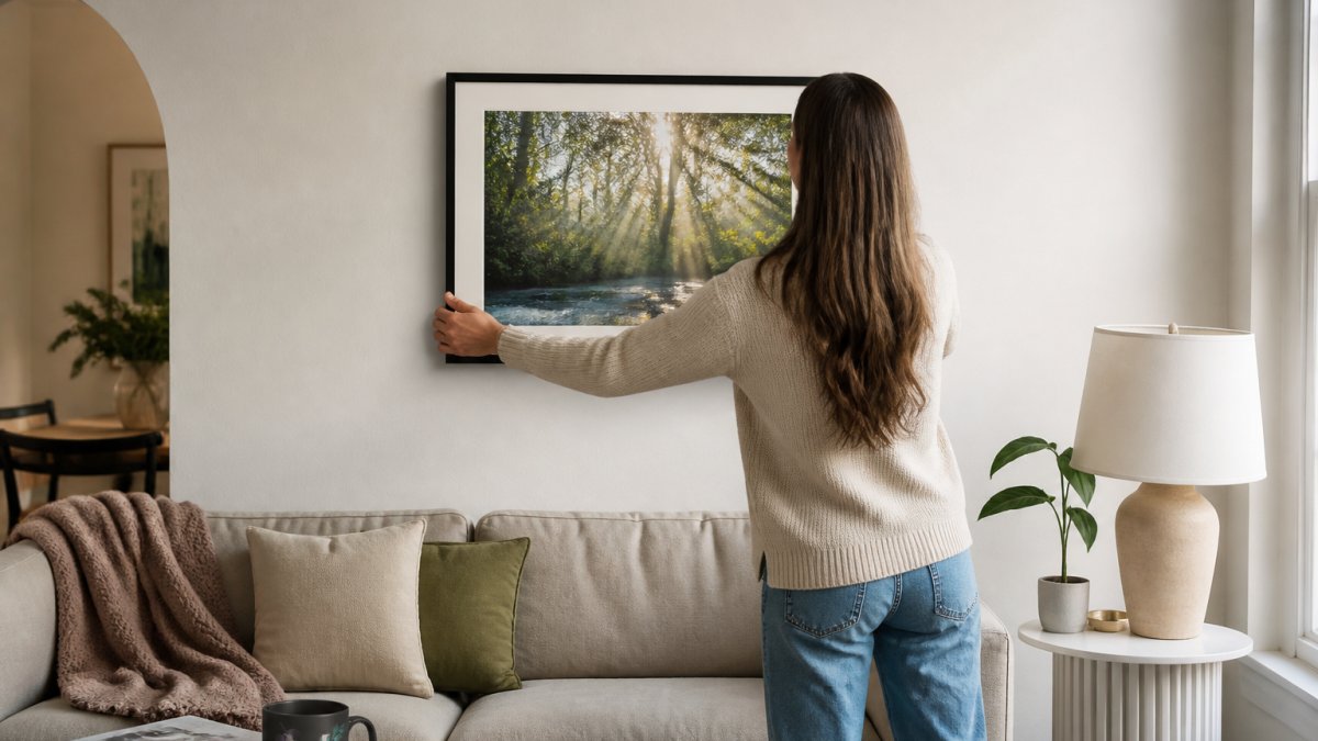 Person holding a framed nature photograph against a living room wall to check the placement.