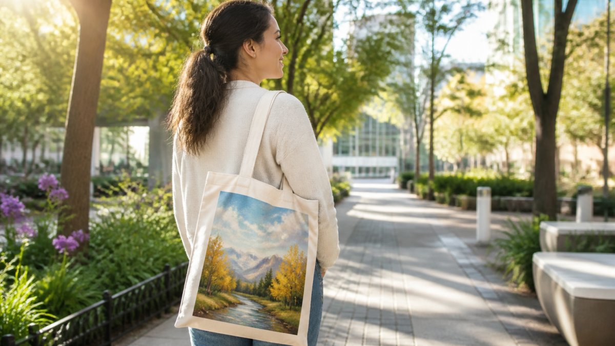 Person carrying a canvas tote bag printed with landscape artwork, walking through a modern urban park with morning light filtering through trees