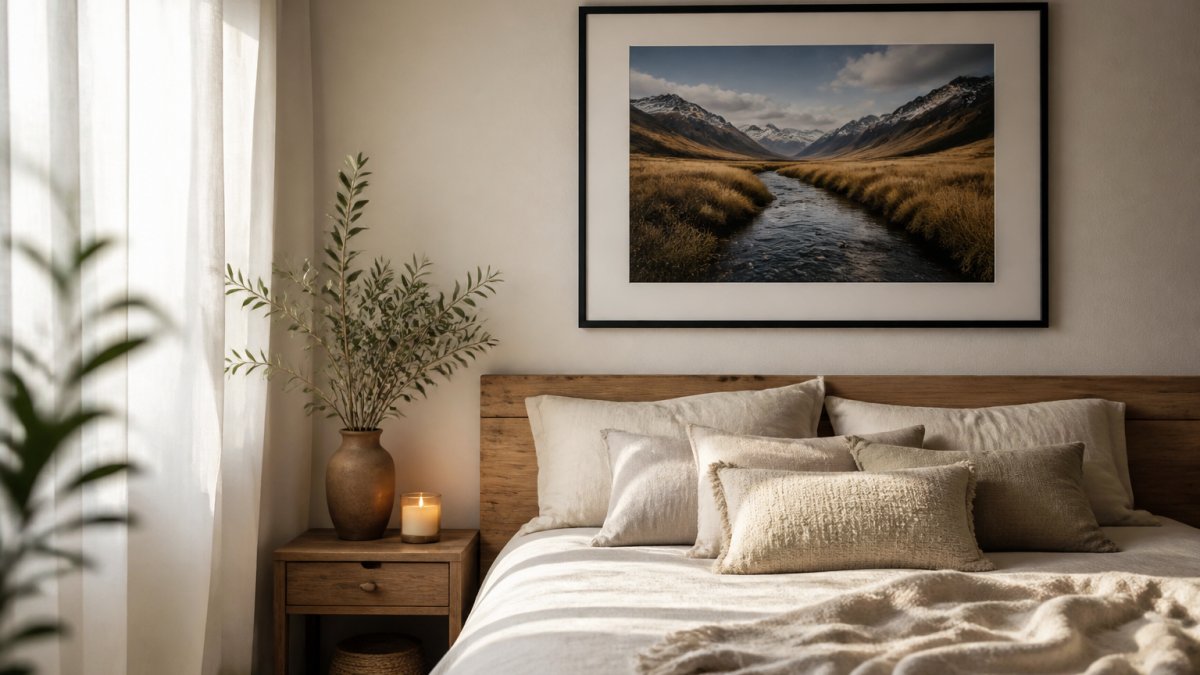 Diagram illustrating steps to integrate fine art nature photography into a serene bedroom design layout