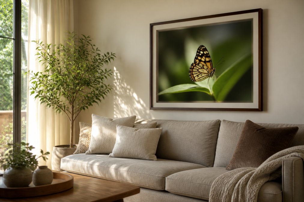 A bright, serene living room with a large framed fine art nature photography print of a butterfly on the wall above a neutral sofa, soft natural light streaming in, and a small green plant nearby