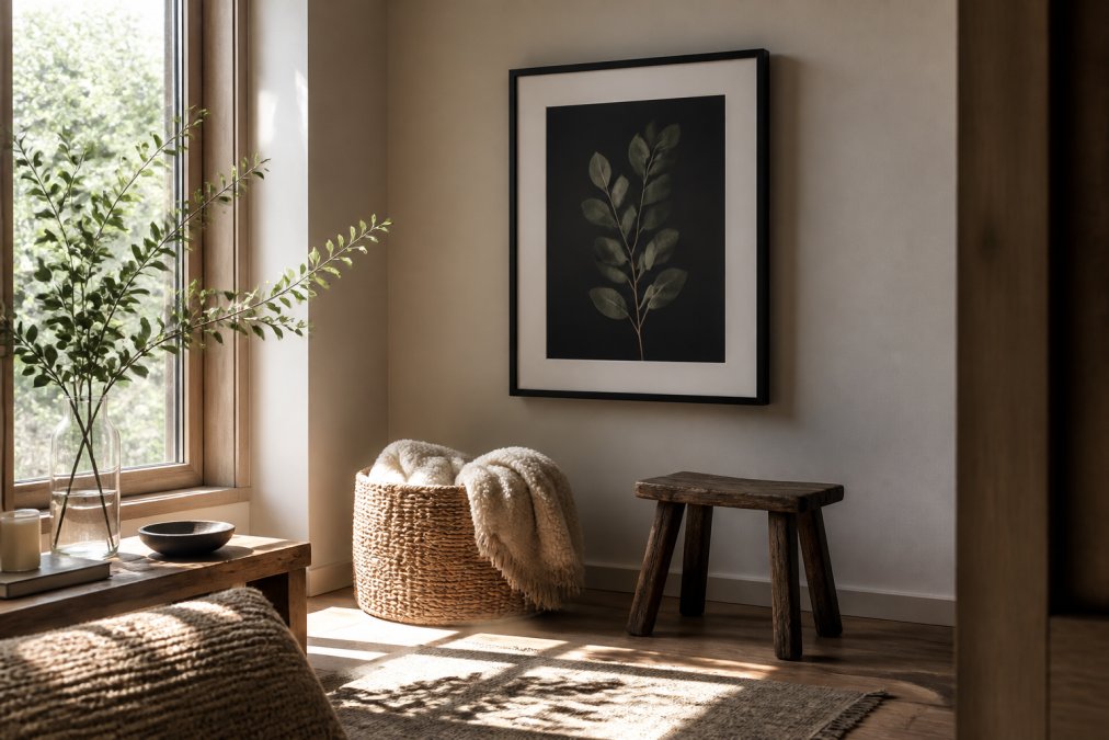 A quiet corner of a home with a single framed botanical fine-art photograph on the wall, a low wooden stool, a folded blanket, and soft morning light falling across the floor