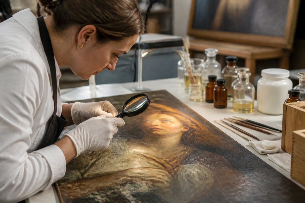Infographic showing the fine art restoration process from surface cleaning to varnish removal steps
