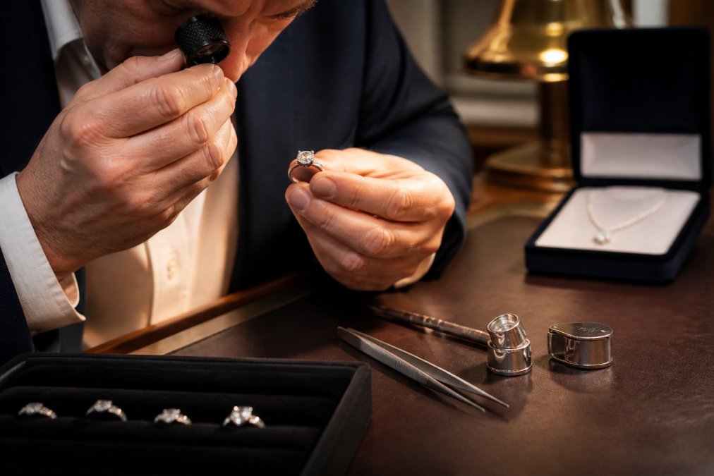 Jeweller's hands carefully examining a diamond ring under magnification with professional appraisal tools and loupe on a polished workbench