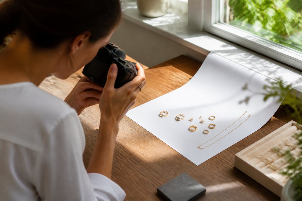Person carefully photographing fine jewellery pieces on a white neutral background using natural window lighting, with professional presentation setup on a wooden surface