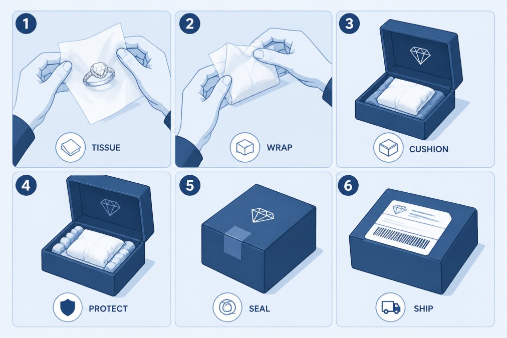 Hands carefully wrapping a fine jewelry piece in soft tissue and placing it into a branded box with protective padding, showing secure packaging best practice