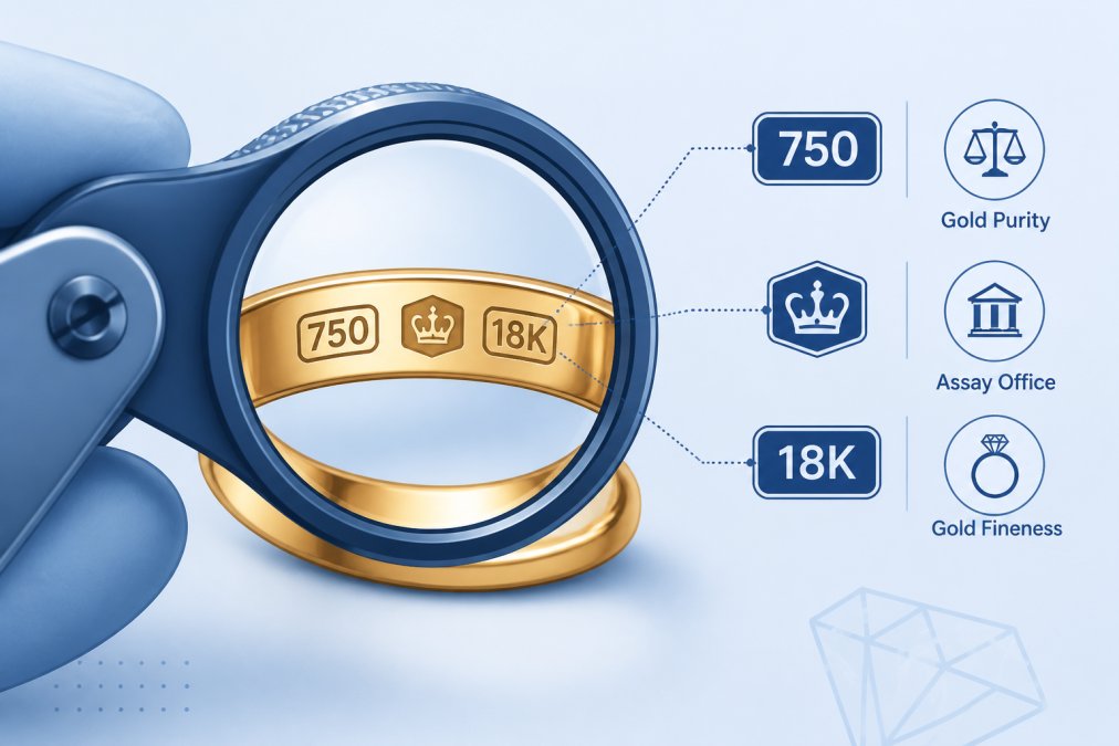 Close-up of a jeweler's loupe examining a hallmark stamped on the inside of a gold ring, showing detail and precision of quality verification