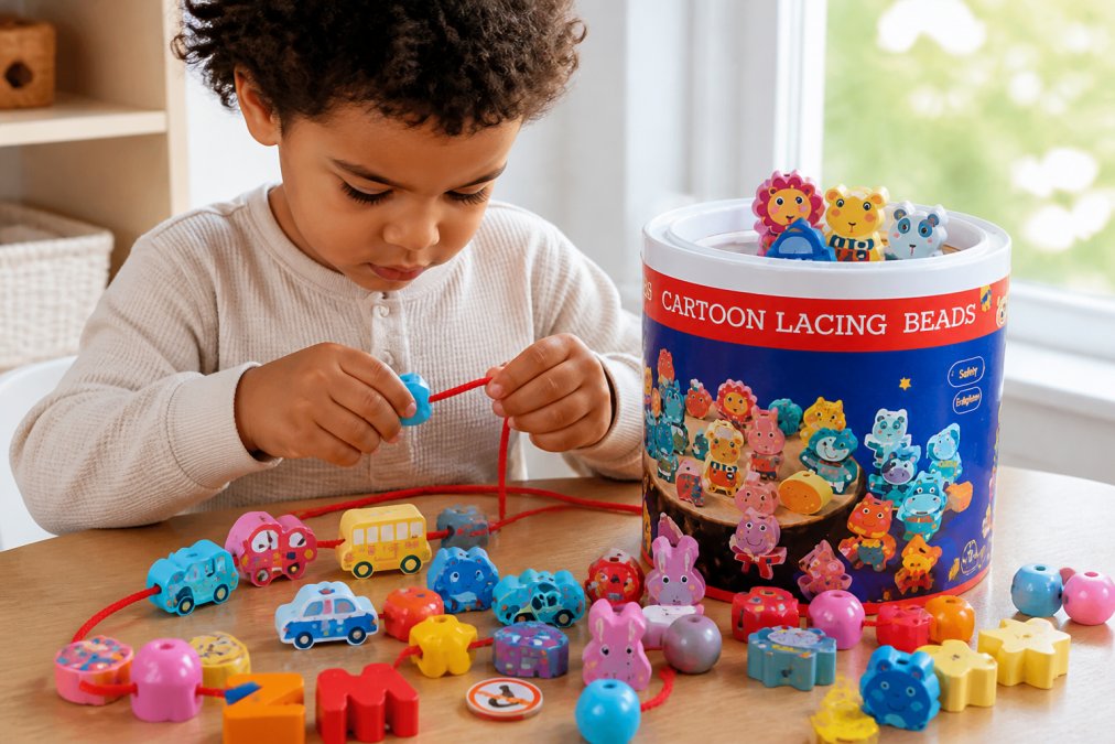 Close-up of a toddler's hands threading colourful wooden beads onto a cotton cord, with focused concentration visible on their face, natural window light illuminating the beads and cord