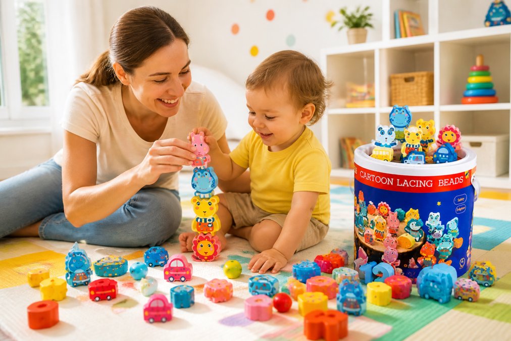 A parent and toddler stacking wooden animal blocks together on a bright play mat, both smiling and engaged, with natural light streaming in from a nearby window