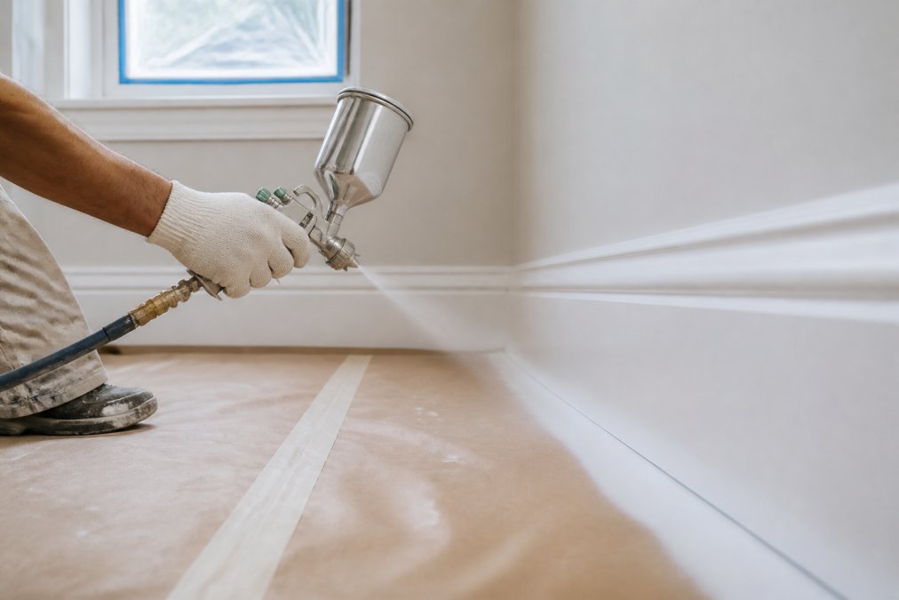 Painter using an HVLP spray gun to achieve a smooth sprayed trim finish on a baseboard