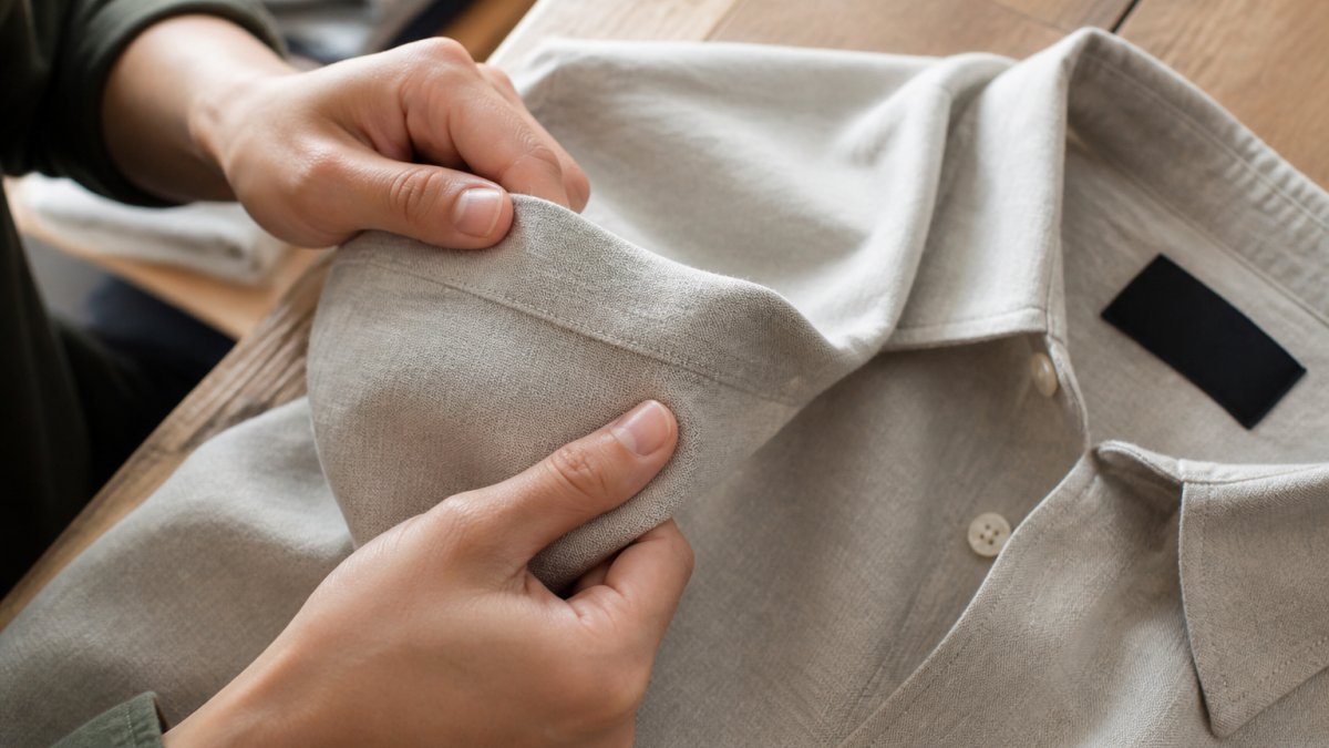 Close-up of hands examining the fabric and stitching of a linen shirt on a wooden table, with a clothing label visible