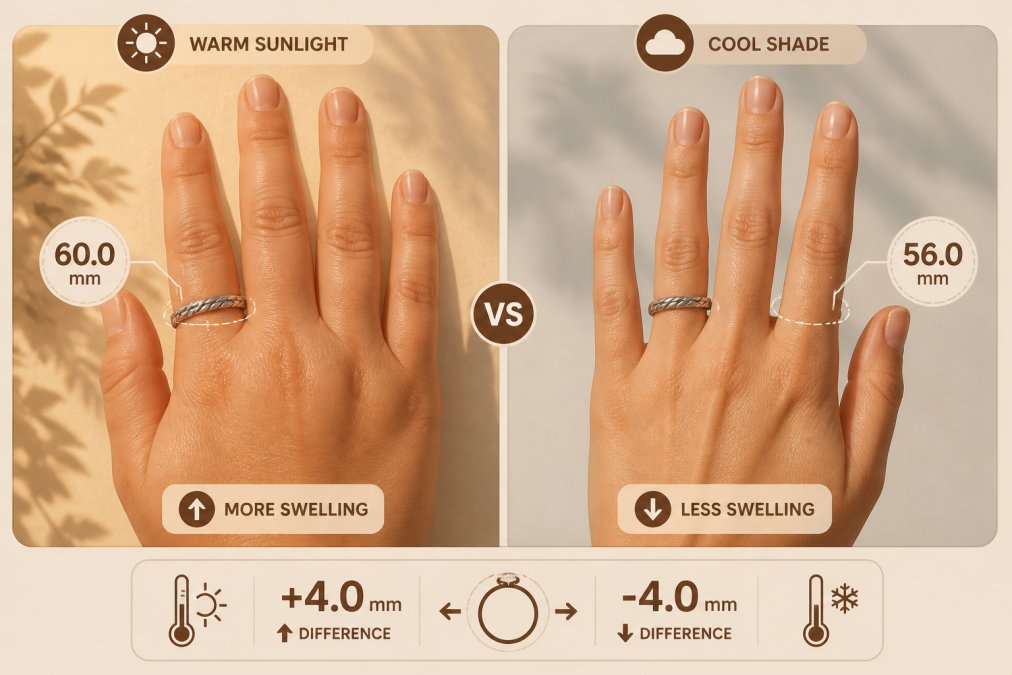 Close-up of two hands wearing sterling silver rings side by side, one hand in warm natural sunlight showing noticeably fuller fingers, the other in cool shade with visibly slimmer fingers, clearly demonstrating the difference in finger circumference