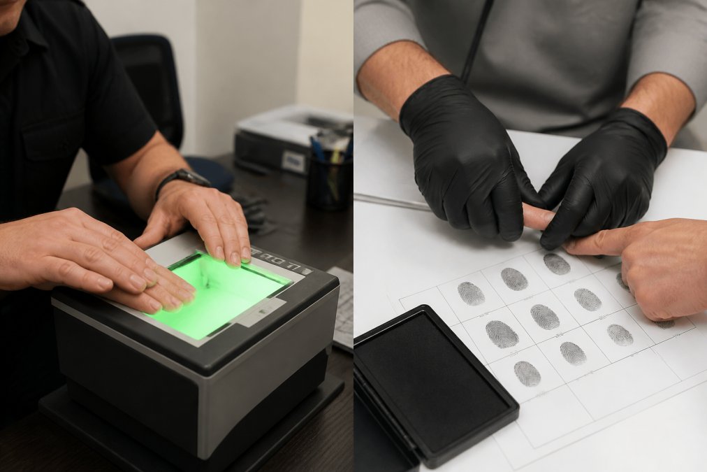 A professional technician using a live scan fingerprinting device to capture a client's fingerprints in a clean, well-lit office setting